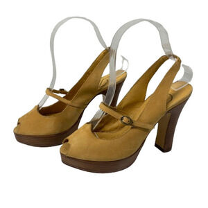 DELMAN Tan Leather Peep-Toe Platform Heel Slingback Sandals‎